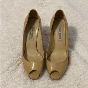 Jimmy Choo Nude Patent Open Toe Platform Pumps